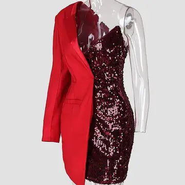 one shoulder sequin blazer dress Red Pactwork Sequined Dress Asymetrical One Shoulder Long Sleeve Party Dresses Ladies Colorblock Blazer Dress Red / M