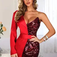 one shoulder sequin blazer dress Red Pactwork Sequined Dress Asymetrical One Shoulder Long Sleeve Party Dresses Ladies Colorblock Blazer Dress Red / M