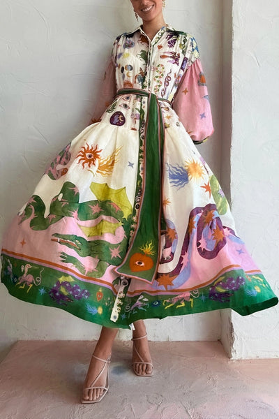 Fantasy Print Balloon Sleeve Swing Dress