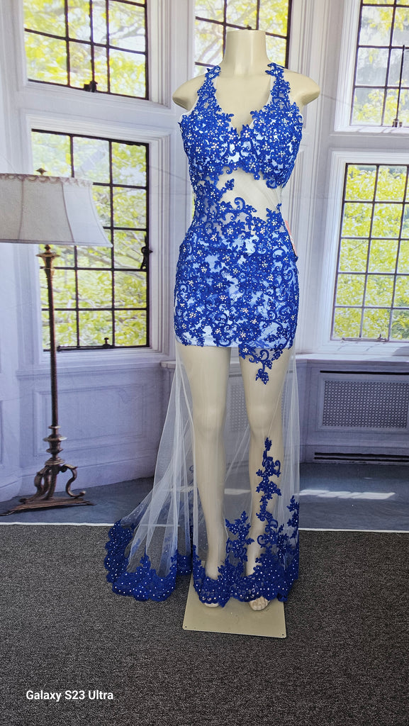 Blue Sheer Rhinestone Formal Dress