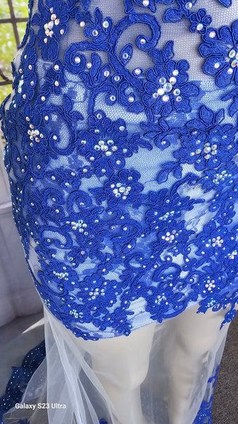 Blue Sheer Rhinestone Formal Dress