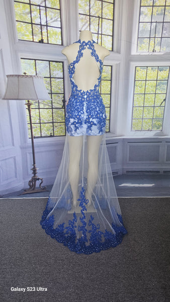 Blue Sheer Rhinestone Formal Dress