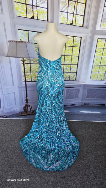 strapless blue sequins formal