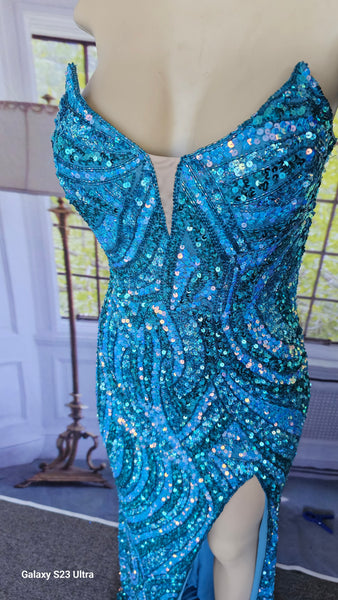 strapless blue sequins formal