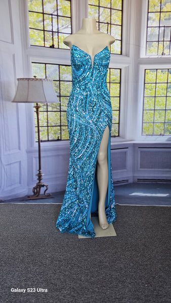 strapless blue sequins formal