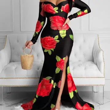Floral Off the Shoulder Thigh split Maxi Dress