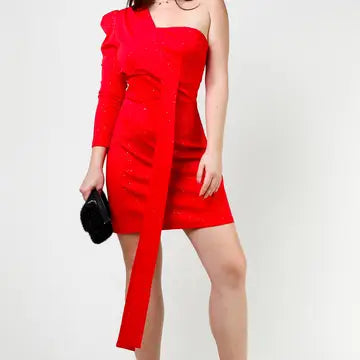 One Shoulder Red Sparkle Mini Dress