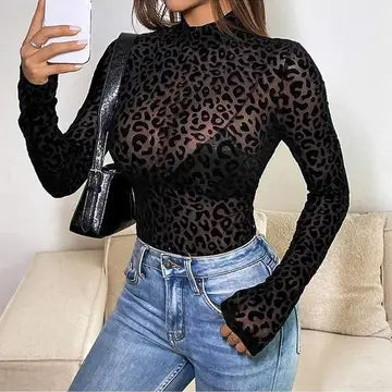 Leopard Mesh Long Sleeve Bodysuit
